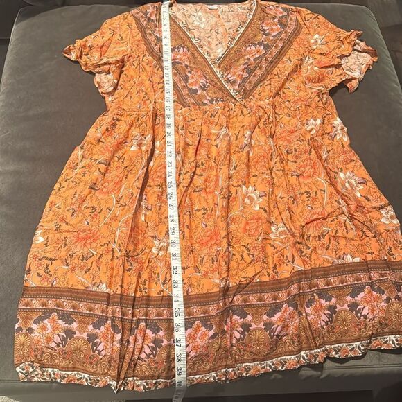 V-Neck Bohemian Orange Floral Print Short Summer Dress Cover Up Size 4XL NEW - Picture 10 of 14